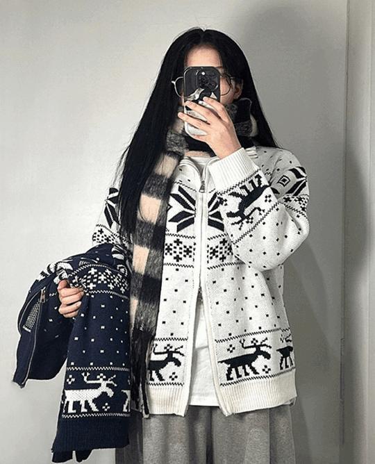 코위찬 노르딕 눈꽃 니트 집업 가디건 스웨터 2color 루돌프 오버핏 투웨이 남녀공용 크리스마스 룩 아우터