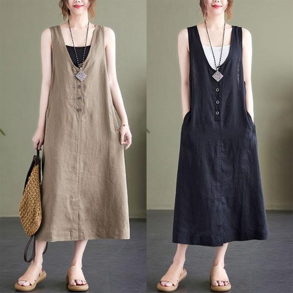 은창]버튼 딥 브이넥 면 뷔스티에 원피스 여름 치마 면혼방 빅사이즈 원피스 루즈핏 퍼프 조끼 롱원피스