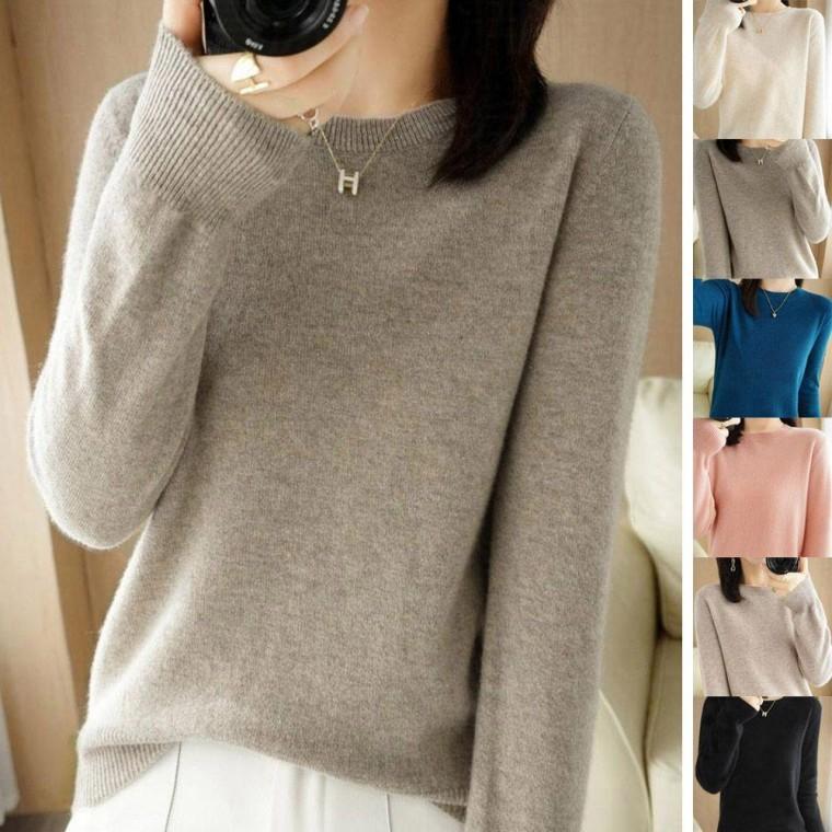 여성 기본 무지 라운드넥 부드러운 긴팔 니트 티셔츠 얇은 니트티 가을 겨울 골지 슬림핏