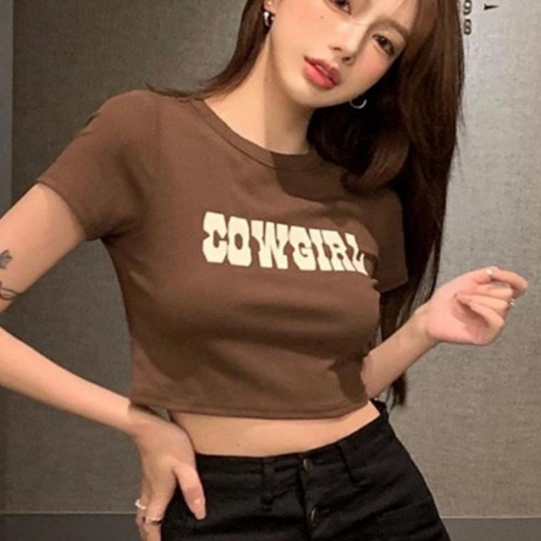 카우걸 여자 크롭 티셔츠 슬림 여름 상의 여성 크롭티