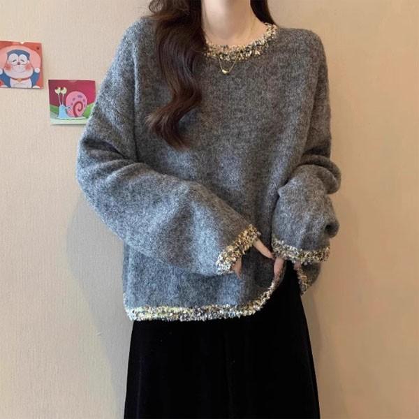 은창]샤인 트위드 배색 니트 티셔츠 스웨터 상의 니트 가을 티셔츠 여성 겨울 보온 사무실 실내