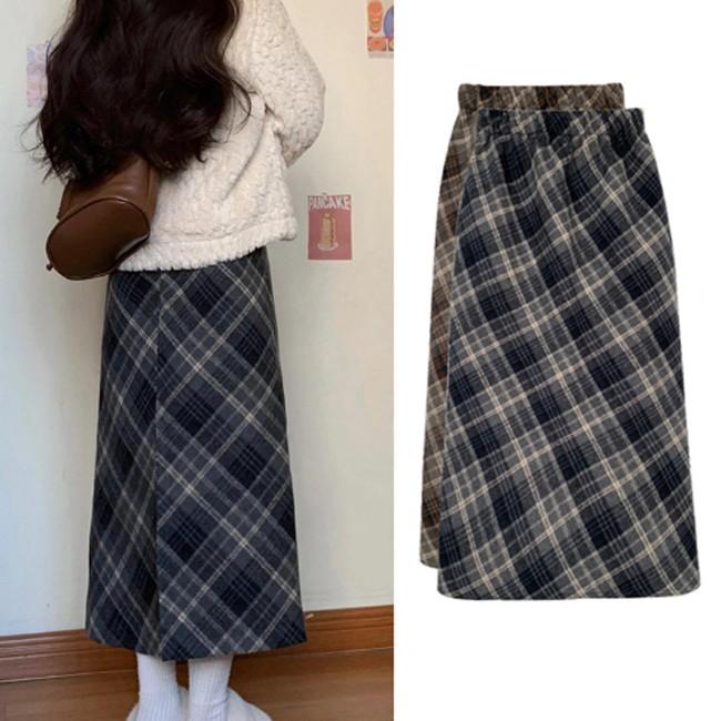 여성 가을 겨울 체크 밴딩 롱 스커트 DHH-K01