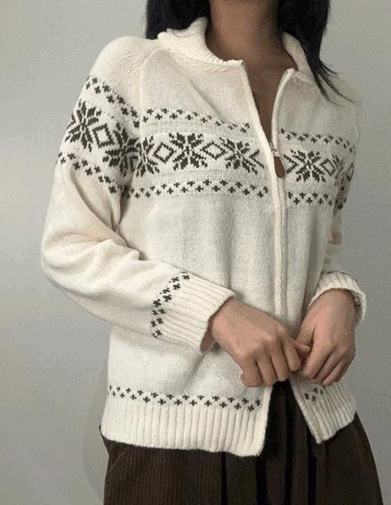 삿포로 눈꽃 니트 집업 노르딕 패턴 아우터 [3color 코위찬 가디건 스웨터 여성 투웨이 카라 봄 가을 겨울]