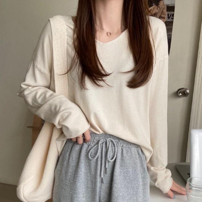 여성 4컬러 소프트 베이직 브이넥 긴팔 니트 DHH-L30