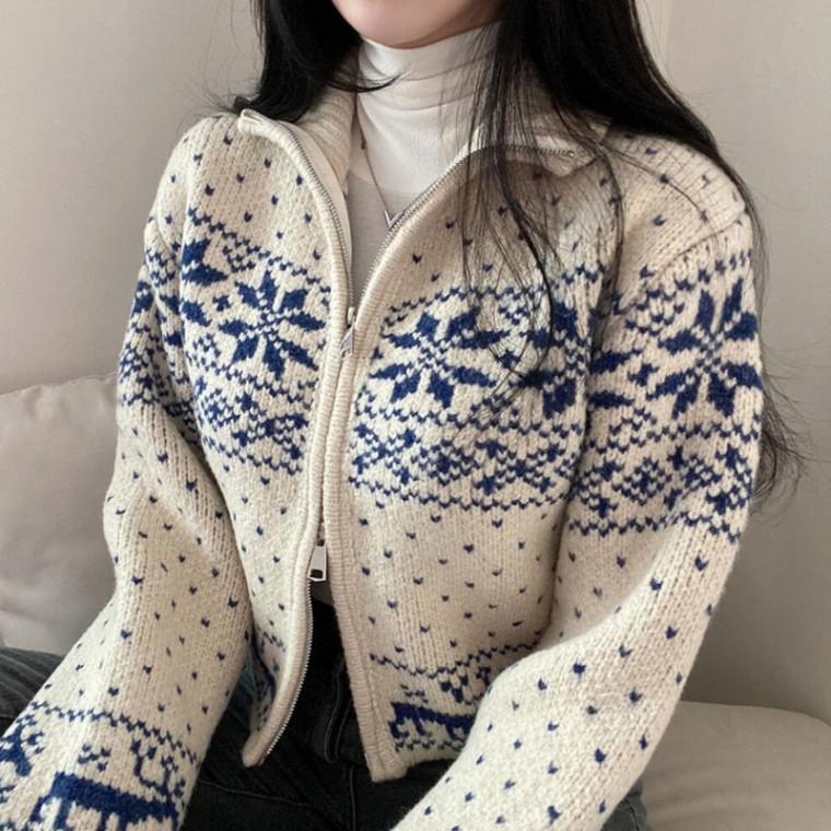 [위드기프트] [투웨이 집업] 노르딕 크롭 눈꽃 루돌푸 니트