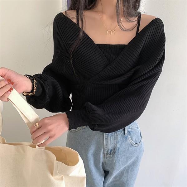 4컬러 여성 베이직 오프숄더 니트 나시 긴팔티셔츠 LK-K017