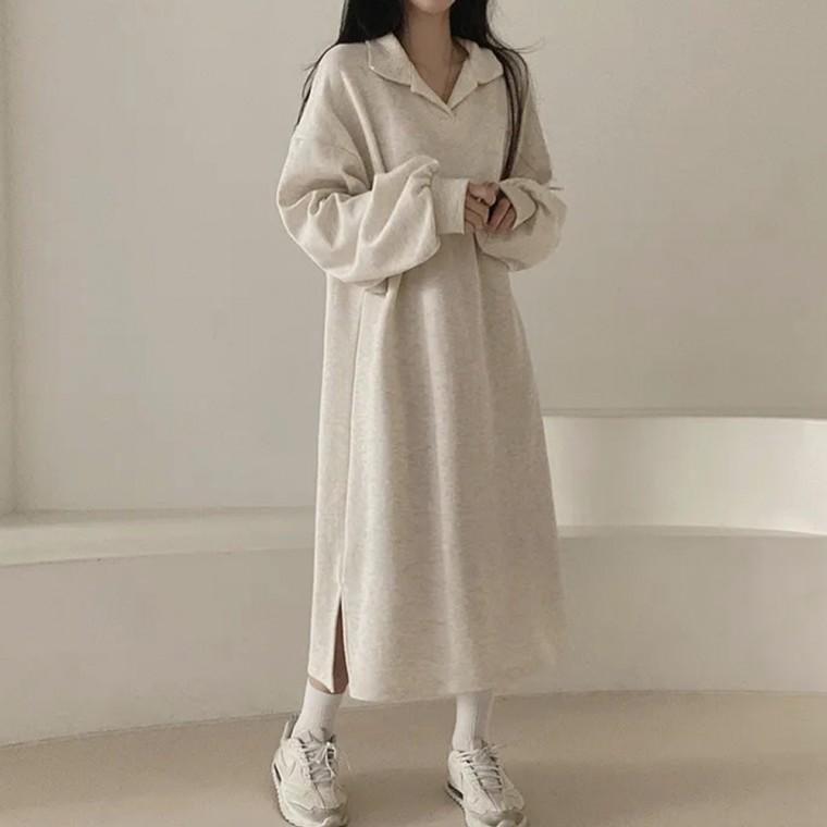 오픈 카라 루즈핏 박시핏 기모 롱 원피스 체형커버