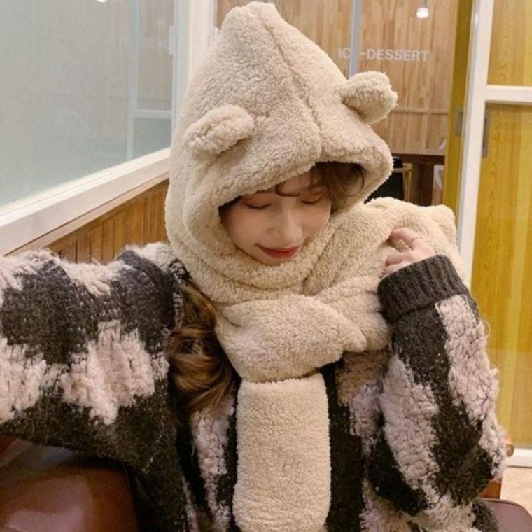 뽀글이 3컬러 멀티 모자 머플러 곰돌이 모자