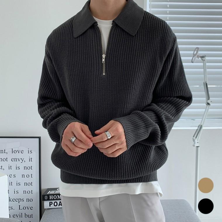 남자 캐주얼 세미룩 반집업 겨울 외출 데일리 니트 긴팔 카라 티셔츠