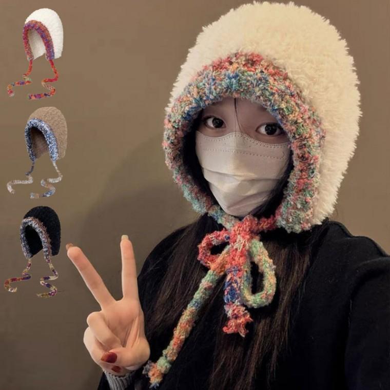 따뜻한 로프백 컬러풀 보온 복슬복슬 후드형 비니모자
