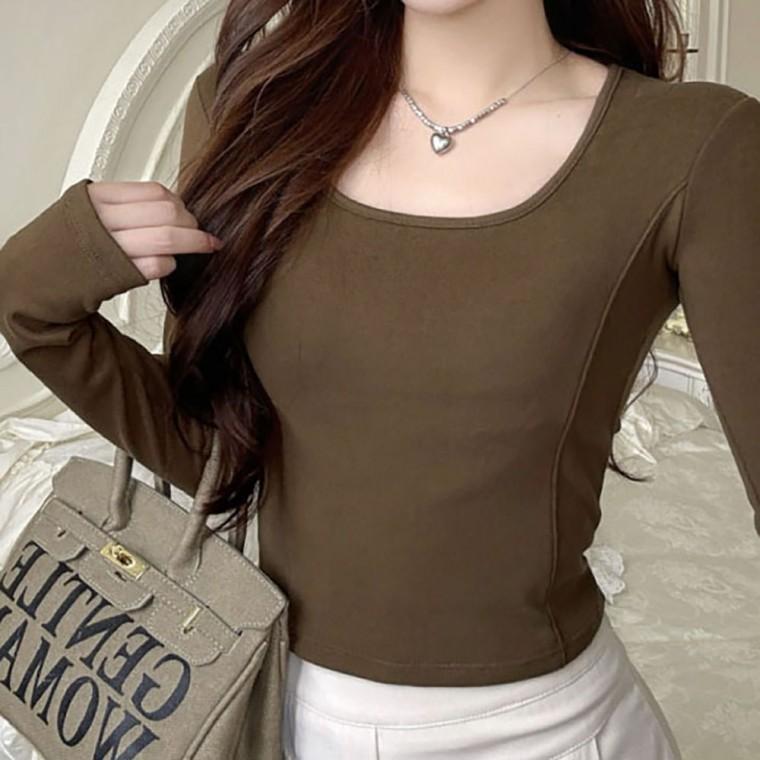 스퀘어넥 가슴패드 슬림 약기모 크롭티셔츠 NF-1005345