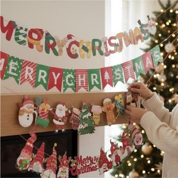 성탄절 패턴 크리스마스 가랜드 가랜드+끈1롤+플라스틱바늘1개 트리 벽 장식 홈데코 파티 소품 크리스마스