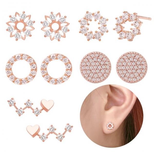 14K 로즈골드 금침 큐빅 라운드 하트 일자침 귀걸이