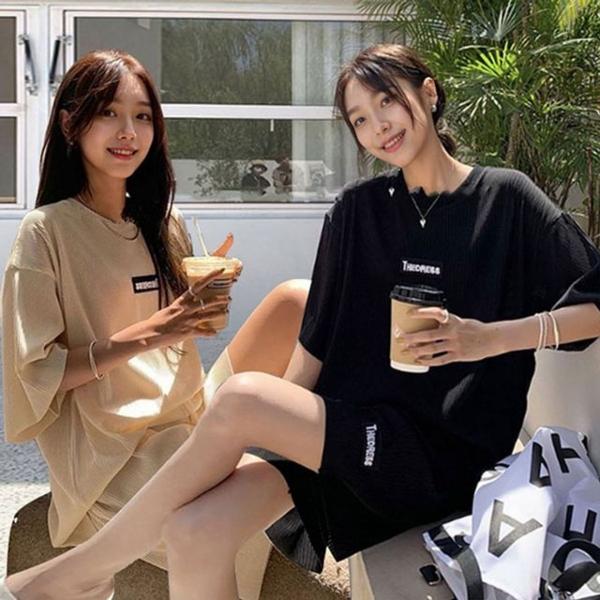 데일리 골지 홈웨어 반팔 레터링 셋업