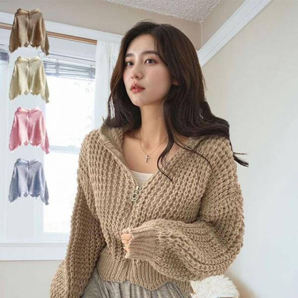 봄 그물 크롭 후드 니트 벌룬 가디건