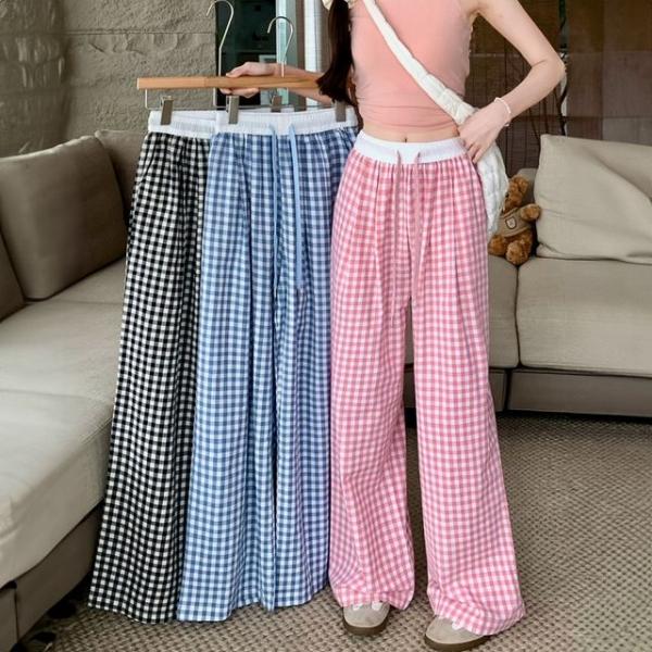 시원한 아이스 쿨링 통바지 밴딩 체크 롱 와이드팬츠