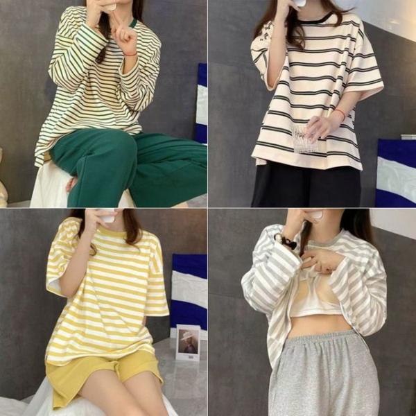 (긴팔/반팔) 스트라이프 캡 패드 내장 잠옷 상하 세트