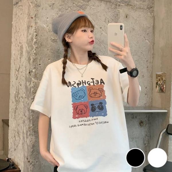 곰돌이 프린팅 오버핏 반팔 티셔츠 URD-505