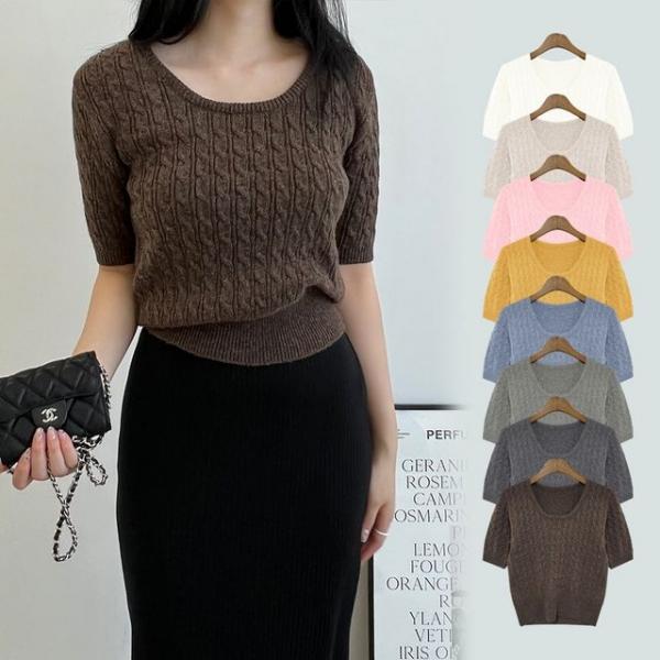 티니 U넥 꽈배기 캐시 반팔 니트