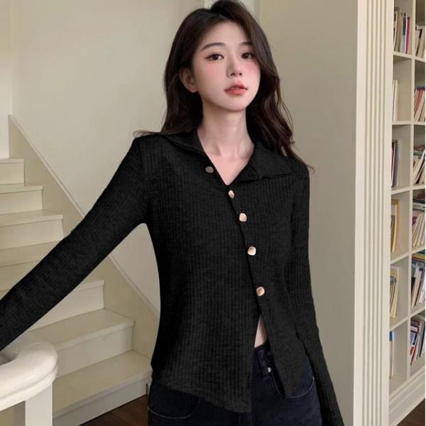 카라 버튼 라인 트임 골지 니트