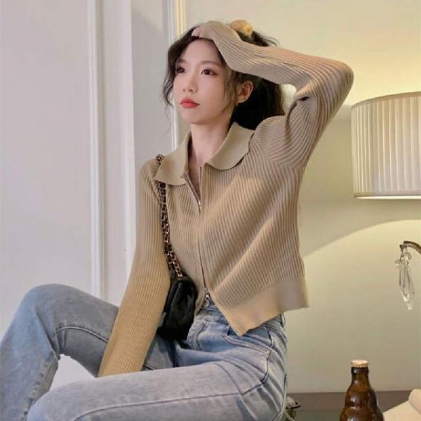 카라 집업 골지 니트