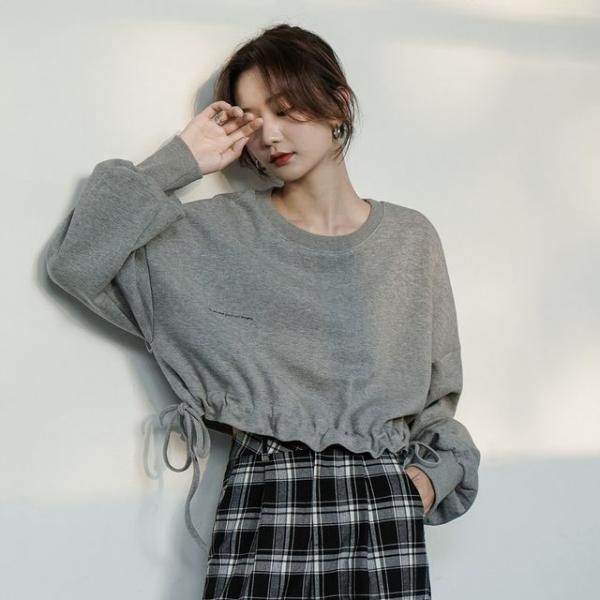 크롭 루즈핏 스트링 맨투맨 티셔츠