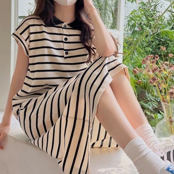 카라 스트라이프 롱원피스