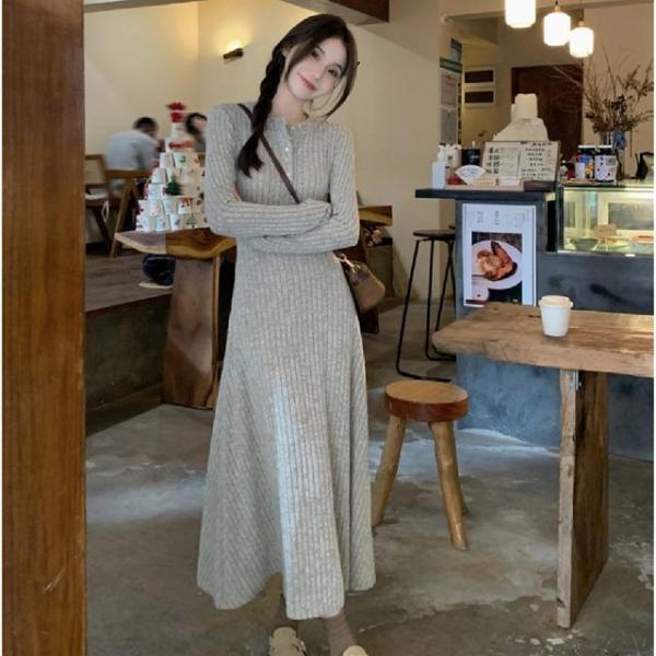 슬림 플레어 골지 원피스