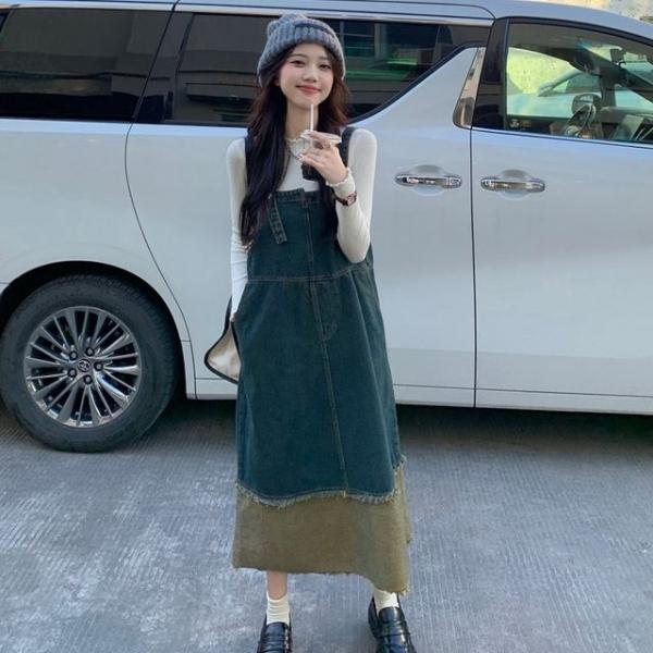 빈티지 데님 배색 멜빵 원피스