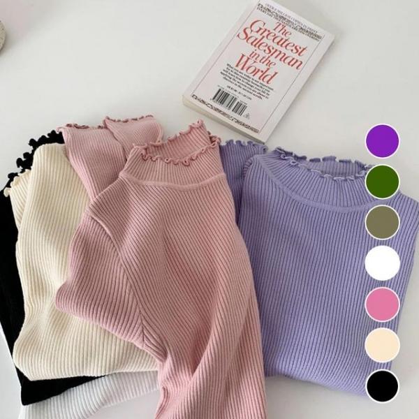 사랑스런 물결 넥라인 포인트 니트 긴팔 티셔츠