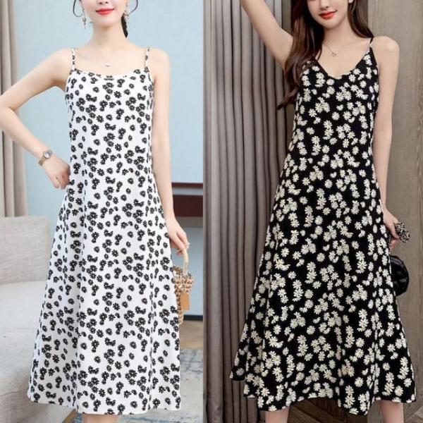 예쁜 플라워 무늬 A라인 끈나시 여친룩 데일리 원피스