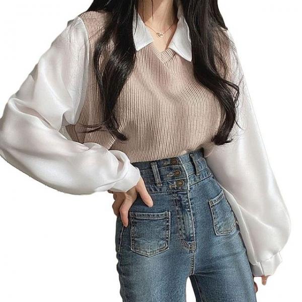 여자 카라 티셔츠 골지 조끼 레이어드 블라우스