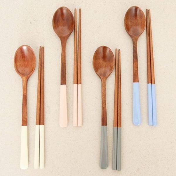 원목 옻칠 파스텔 4인 수저세트 나무 숟가락 젓가락