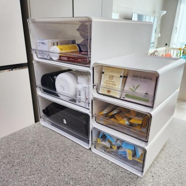 투명 쌓아쓰는 서랍 중형 약통 정리함 팬트리 약 서랍장 머리끈 머리핀 적층 수납함 탕비실 서랍함 박스