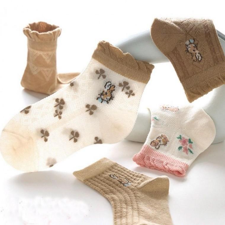 준캡 아동양말 봄 여름 신상 베이지래빗 중목 5족세트 면양말 유아동양말세트 어린이