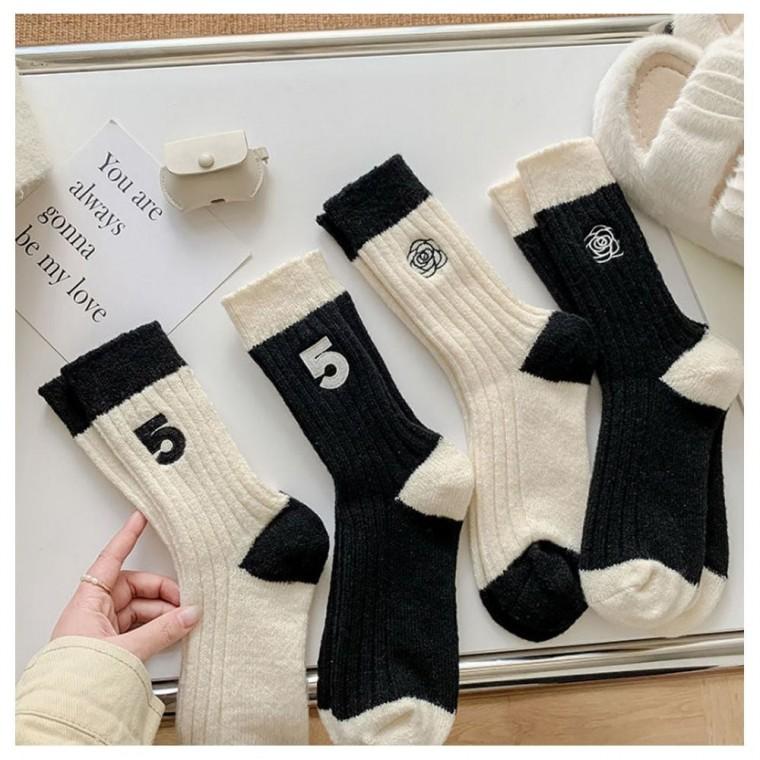 자수 여자 화이트 삭스 양말 까멜리아 중목 블랙