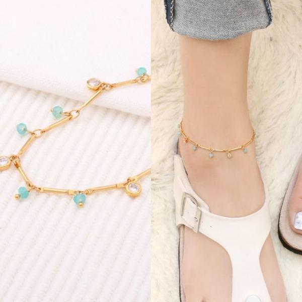 14Kgp 골드 큐빅 비즈 포인트 체인 패션 팔찌 발찌