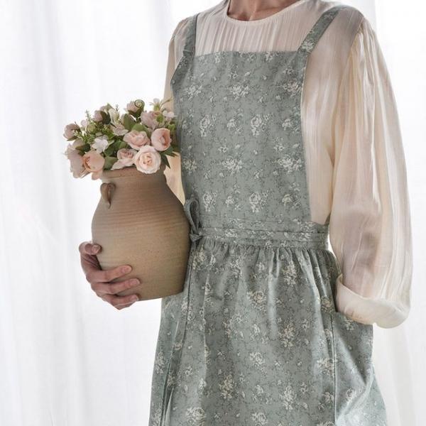 플라워 앞치마 꽃무늬 원피스형 앞치마 린넨앞치마