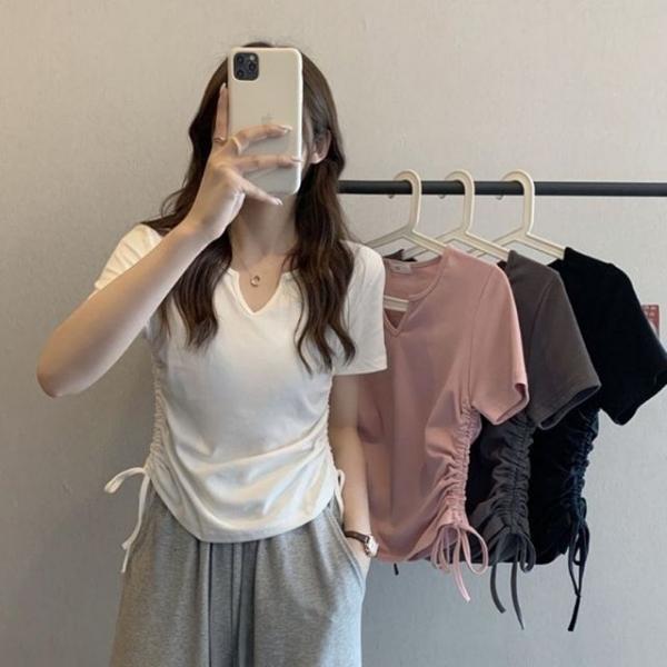 셔링 포인트 브이넥 반팔 티셔츠