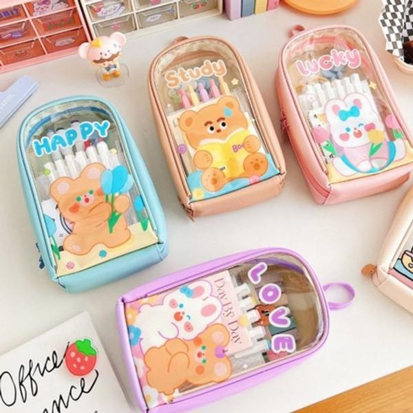 PVC 투명 해피 곰돌이 토끼 필통 파우치