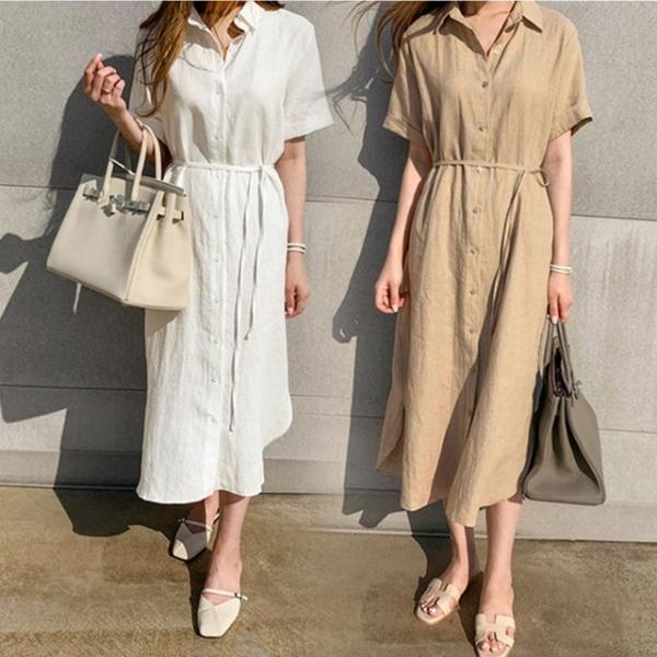 피서 여행 여름 시원한 린넨 반팔 롱 셔츠 원피스