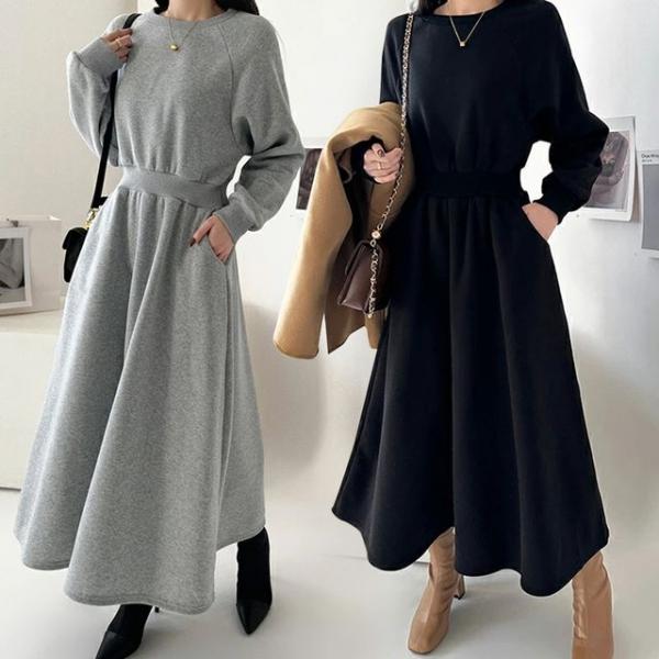 캐주얼 편안한 허리밴딩 긴팔 원피스