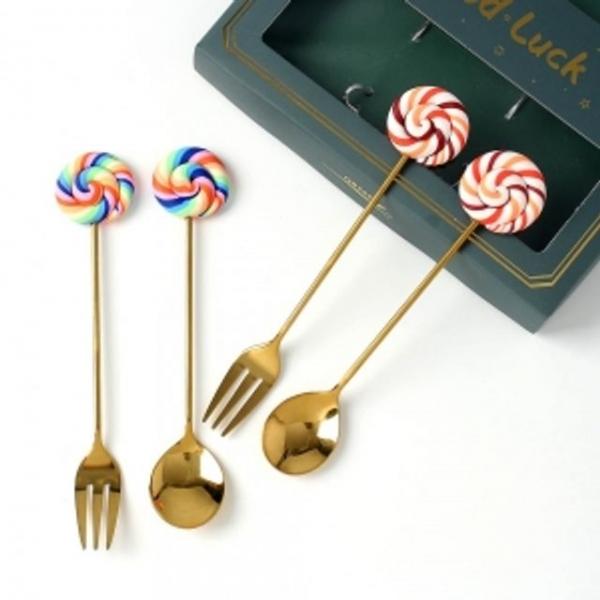 달콤 롤리팝 티스푼 티포크 4P세트 골드 디저트포크