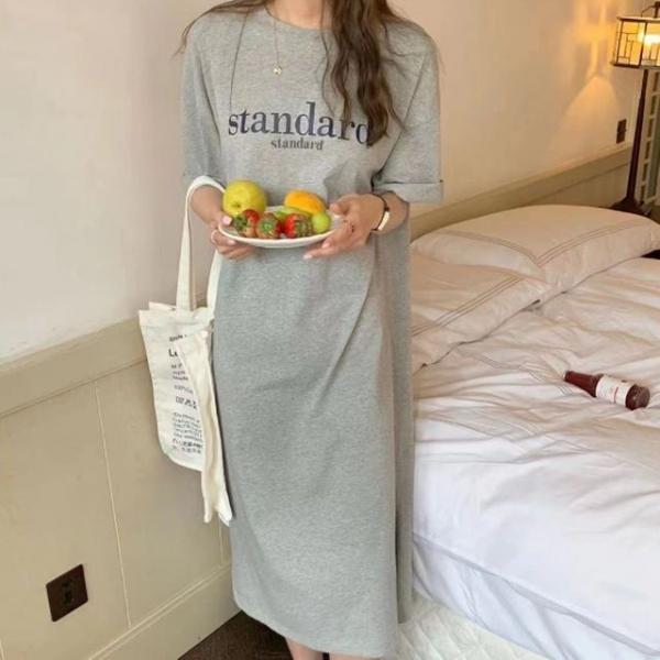 레터링 베이직 반팔 롱 캐쥬얼 원피스