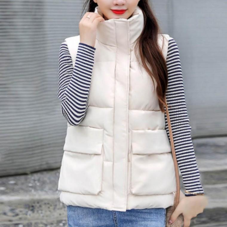 레이어드 패딩조끼 여성 화이버 아우터 하이넥 겨울 겨울 소재