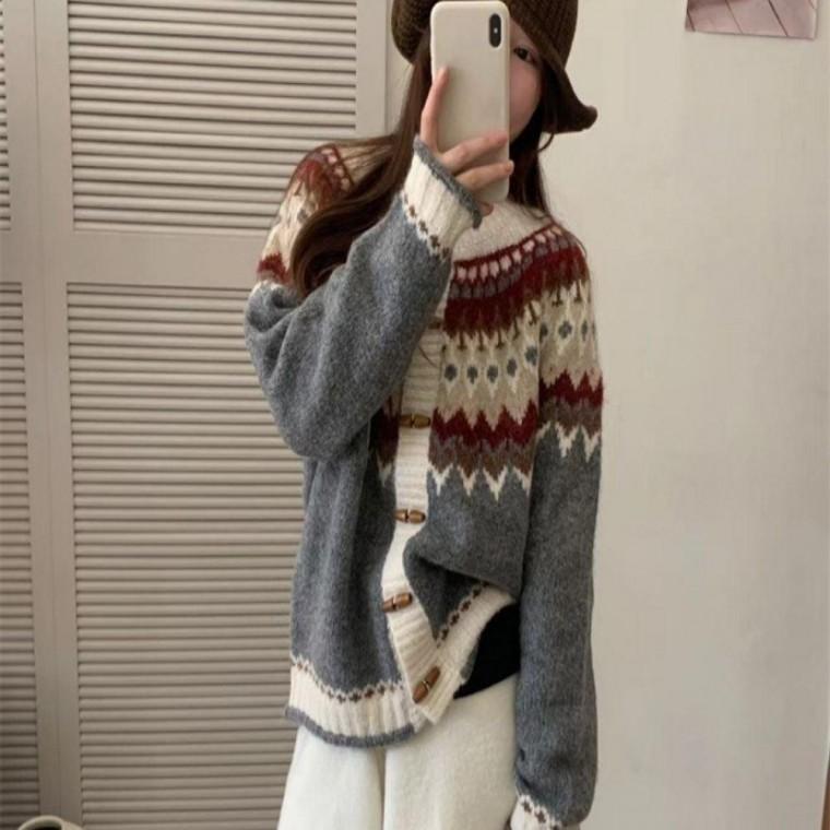여자 2컬러 러블리한 가을 겨울 울니트 패턴 가디건