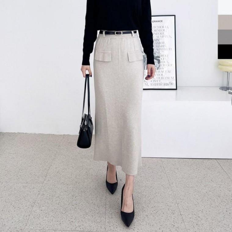 KYI S 961 도톰 라인 뒤트임 니트 롱 울스커트 벨트세트 세트 도톰 벨트 여성 H라인 겨울 니트