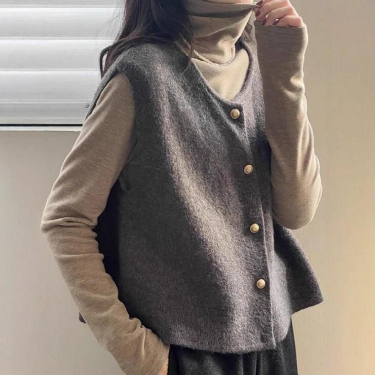 데일리룩 도톰 울라이크 여성 금장 버튼 니트 베스트 조끼 오피스 캐주얼 09 베스트 조끼 여성 겨울