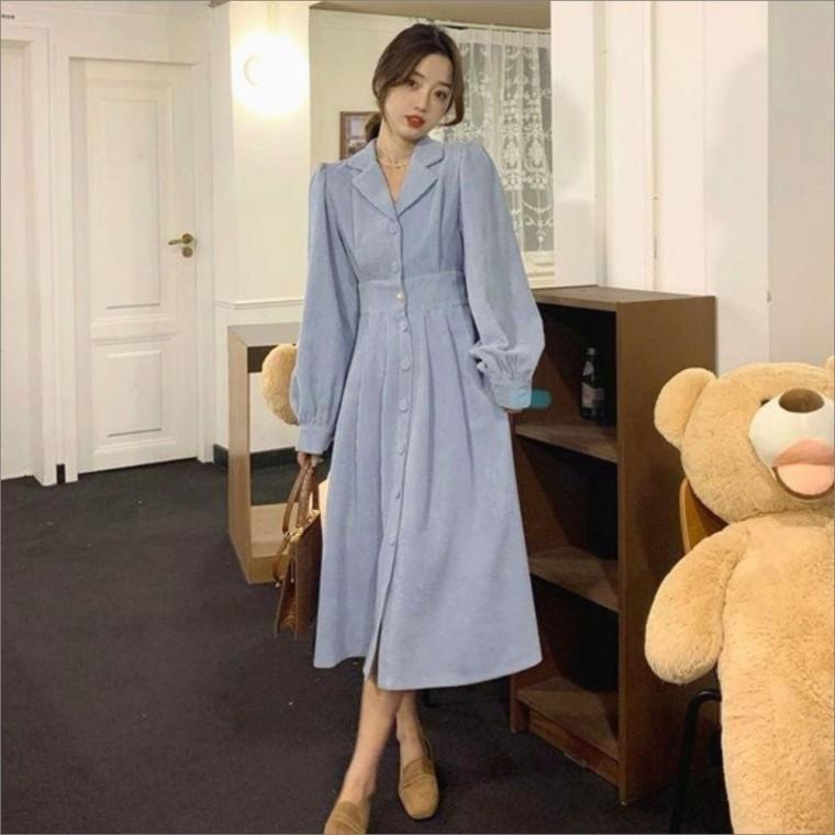 코듀로이 카라 여자 겨울원피스 뒷밴딩 롱원피스 3컬러 골덴
