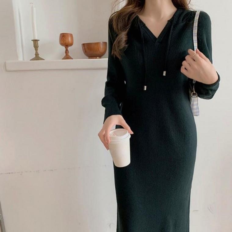 후드 데일리 원피스 달린 여자 겨울 롱 가을 니트